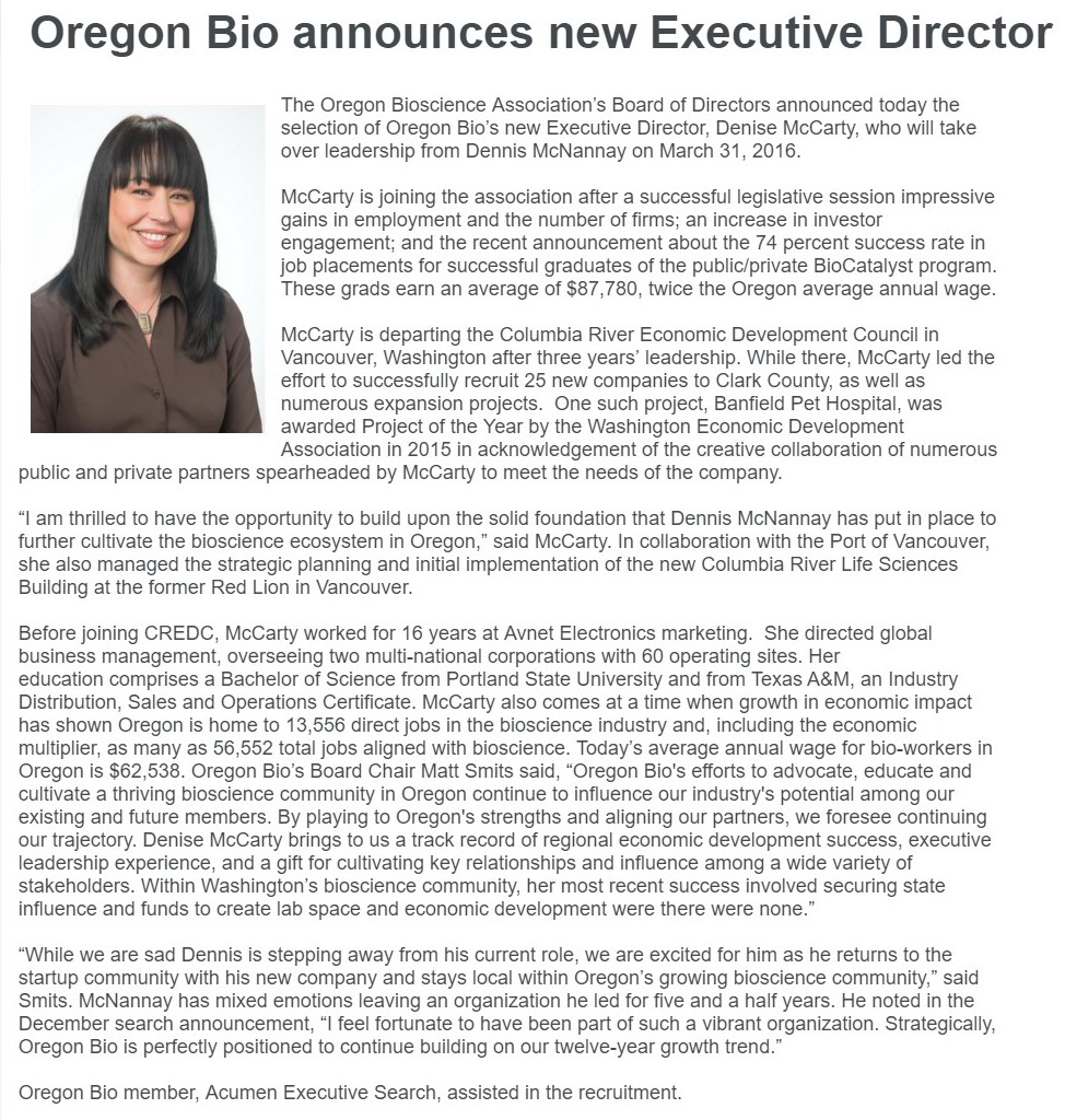 Oregon Bio Announcement